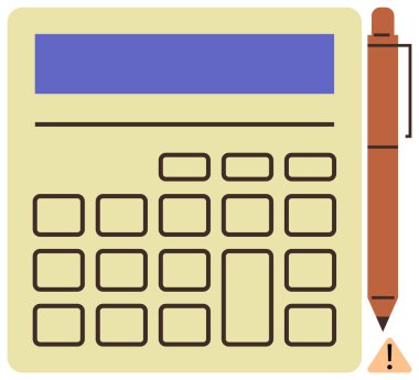 Net sayıda düğmeli hesap makinesi, yanına kalem, dikkatli bir bütçe, muhasebe veya finansal planlama öneren küçük bir uyarı simgesi. Finans, eğitim, analitik ve ikaz işi için ideal