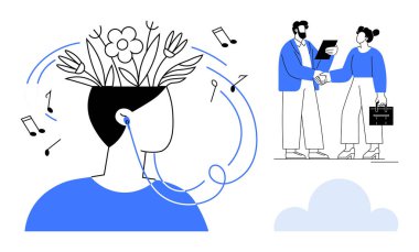 Başlarından çiçekler çıkan müzik dinleyen insanlar yaratıcılığı ve rahatlamayı sembolize ediyor. İşbirliği ve takım çalışmasını temsil eden iki profesyonel el sıkışıyor. Zihin için ideal