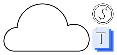 Dolar madeni para ve metin dosyası görselleri içeren bulut taslağı. Teknoloji, veri, iş, finans, bulut hesaplama, dijital pazarlama ve basit iniş sayfası için ideal