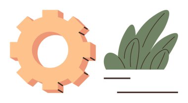 Yeşil yaprakların yanındaki turuncu takımlar sanayi ve çevrenin dengesini vurguluyor. Ekoloji, sürdürülebilirlik, yenilik, teknoloji, çevre, uyum ve büyüme kavramları için idealdir. Basit düz