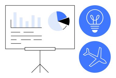 Fikir ampulü ve uçak ikonlarının yanında bar ve pasta grafikleri sergileniyor. İş planlaması, strateji, büyüme, yenilik, seyahat, veri analizi için ideal, basit iniş sayfası