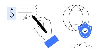 El imzası kontrolü, güvenlik işaretli kalkan, dünya küresi ve bulut. Finans, işlemler, güvenlik, koruma için ideal küresel bankacılık güven anlaşmaları. Basit düz metafor