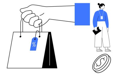 İndirim etiketli el çantası, cüzdanı olan kadın ve bozuk para. Alışveriş, indirim, perakende satış, online alışveriş tasarrufu için ideal. En basit düz metafor