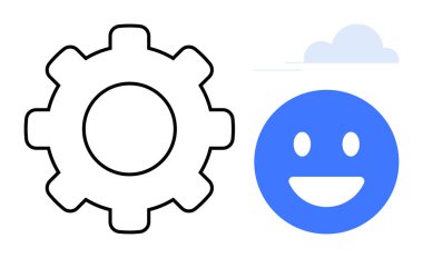 Dişliler, gülen bir yüzün yanında süreci ve yeniliği sembolize eder. Üstündeki ince bulut dijital bir yetenek ekler. Takım çalışması, teknoloji, üretkenlik, yaratıcılık, dijital araçlar, işbirliği, basit