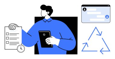 Tablet ve kontrol listesi tutan kişi, zaman yönetimini gösteren saat iletişim için mesaj arayüzü, sürdürülebilirlik için geri dönüşüm simgesi. Takım çalışması, organizasyon ve verimlilik için ideal