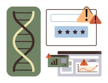 DNA ipliği, parolalı giriş ekranı, veri göstergesi, uyarı simgeleri. Siber güvenlik, veri gizliliği, genetik veriler, online güvenlik risk yönetimi biyoinformatik teknoloji etiği için idealdir. Basit.