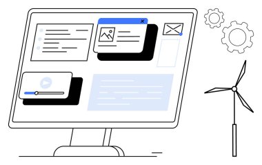 Temiz enerji için yel değirmeninin yanında sekmeler, video, e-posta ve vitesler içeren dijital masaüstü ekran. Teknoloji, multimedya, temiz enerji, yenilik, sürdürülebilirlik eko-dostluk için ideal