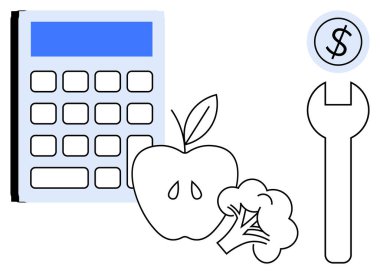 Hesap makinesi, elma, brokoli, anahtar ve dolar işaretli bütçe, beslenme ve onarım. Finans ve sağlık sürdürülebilirliği için ideal bakım yatırımı ekonomisi sade düz