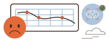 Hayal kırıklığı için üzgün bir yüz ifadesi olan çizgi grafiği, analiz için hedef göz, düşünce için bulut. Performans düşüşü, analitik, strateji, odaklanma, gözlem iş analizi için ideal. Temiz