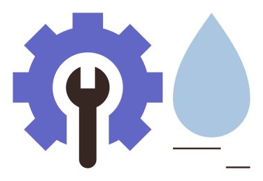 İngiliz anahtarı ile vites, onarımı simgeliyor. Mavi su damlası sürdürülebilirliği simgeliyor. Su yönetimi, kaynak optimizasyonu, mühendislik, onarım, bakım, koruma ve araçlar için ideal metafor