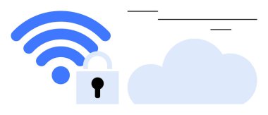 Kablosuz sinyal, asma kilit ve görsel siber güvenlik, özel koruma, online depo. Teknoloji, güvenlik, veri koruması, bulut hizmetleri iletişim güvenliği için ideal