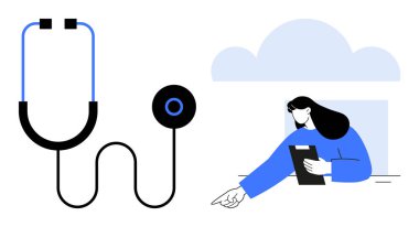 Panosu işaret eden bir kadın sağlık çalışanı yanında steteskop, dijital sağlığı simgeleyen bir bulut. Teletıp, sağlık izleme, tıbbi uygulamalar, teknoloji ve yenilik için ideal