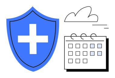 Basit bir takvim ve bulutun yanında çapraz sembollü mavi bir kalkan. Korunma, planlama ve zamanlamayı vurguluyor. Sağlık, sigorta, güvenlik, sağlık, zaman yönetimi için ideal