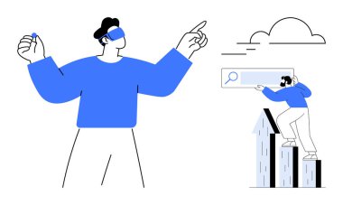 Sanal ortama bağlanan VR kulaklık takan kişi arama alanına ulaşmak için parmaklıklara tırmanıyor. Teknoloji, yenilik, gelecek, veri, araştırma, büyüme, kullanıcı etkileşimi için ideal. Basit.