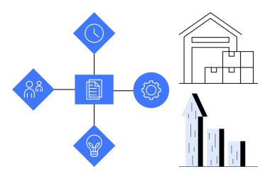 Merkezi çalışma akış şeması saat, takım, fikir ve dişli simgeleriyle birleşti. Depo ve büyüme grafiğini de içeriyor. Lojistik, verimlilik, verimlilik, strateji planlaması için ideal