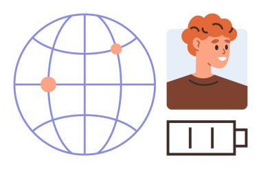 Küresel bağlantıyı temsil eden küre, profil varlığını sembolize eden kullanıcı avatarı ve enerji veya aktiviteyi gösteren pil seviyesi. Dijital ağ oluşturma, uygulama geliştirme, teknoloji, küresel erişim için ideal