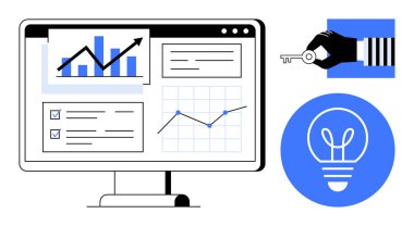 Çubuk ve çizgi grafikleri olan veri analiz ekranı, kontrol listesi. El ele tutuşma anahtarı, ampul erişimi sembolize ediyor, yenilik. İş stratejisi, analiz, teknoloji, güvenlik markalaşması için ideal