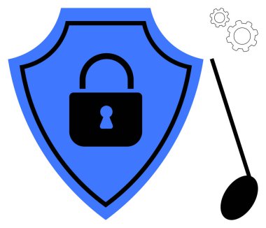 Müzik notaları ve viteslerle birlikte güvenlik sembolü olan mavi bir kalkan. Siber güvenlik, veri koruması, mahremiyet, müzik sistemleri güvenliği, dijital güvenlik, güvenli teknoloji, basit