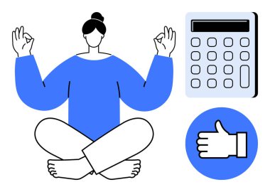 Rahat bir meditasyonda bacak bacak üstüne atmış bir kadın hesap makinesi ve onay ikonu ile yan yana oturuyor. Sağlık, iş-yaşam dengesi, farkındalık, verimlilik, verimlilik, sağlık, sade iniş için ideal