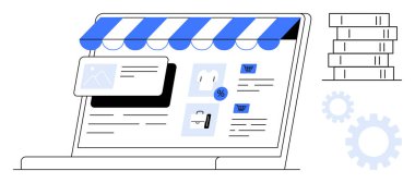 Çizgili mağaza vitrinli bir dizüstü bilgisayar ürün listelerini, indirim etiketlerini, bir alışveriş arabası ikonunu ve resim önizlemelerini gösteriyor. Birikmiş paralar ve vitesler ekommerce kurulumunu temsil ediyor. Ekommerce için ideal