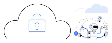 Kilit simgesi olan bulut güvenli depolamayı temsil ediyor, yapay zeka robotu veri görevlerini, kalkanı yönetiyor. Siber güvenlik, veri koruması, yapay zeka, bulut hesaplama, teknoloji, yenilik için ideal basit düz metafor