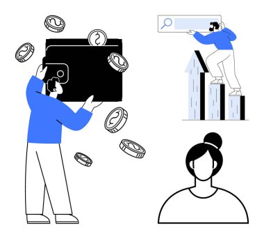 Bozuk paralarla cüzdan tutan adam, arama yapmak için büyüme çubuğuna tırmanan kişi, soyut kadın silueti. Finans, iş, çevrimiçi arama, büyüme, kimlik yatırımları kişisel markalaşma için idealdir. Basit.
