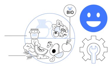 Taze meyve, sebze, kavanoz, biyolojik etiket, gülen yüz ve İngiliz anahtarlı teçhizat. Sağlık, organik gıda, sürdürülebilirlik, eko-yaşam refahı için ideal tarım sade iniş sayfası