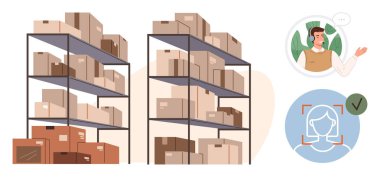 Depoda kutu dolu raflar, kulaklıklarda müşteri destek ajansı ve yüz tanıma profili onaylandı. Lojistik, perakende, iletişim, teknoloji, güvenlik ve dağıtım için ideal