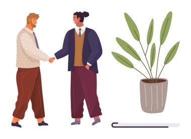 İki adam bir saksı bitkisi ve beyaz bir bastonun yanında el sıkışarak selamlaşır. Takım çalışması, ortaklık, çeşitlilik, dahil edilme, erişilebilirlik, topluluk oluşturma işbirliği için ideal. Basit düz