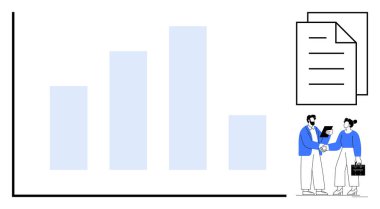 Değişen yükseklikleri olan bir bar çizelgesi, el sıkışan iki profesyonel, ve bir yığın kağıt. Ortaklık, iş büyümesi, analitik, takım çalışması, strateji planlaması için ideal, anlaşmalar basit düz