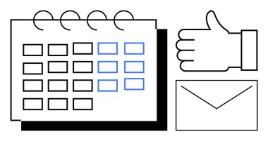 Vurgulanmış tarihli takvim ızgarası, onaylanmayı sembolize eden baş parmak işareti ve mesajlaşma için zarf. Zamanlama, üretkenlik, geri bildirim, planlama, iletişim için idealdir.