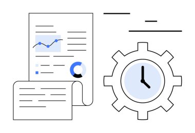 Saatin yanında çizelgeler, grafikler ve analizler olan belgeler vites motifi içinde. Üretkenlik, iş akışı, analitik, iş yönetimi, zaman izleme, optimizasyon için ideal basit iniş sayfası