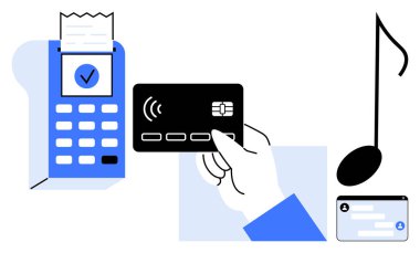 Faturalı ödeme terminali, kredi kartı, müzik notası sembolü ve dijital kart arayüzü. Finans, teknoloji, çevrimiçi alışveriş, müzik hizmetleri, dijital cüzdanlar için ideal