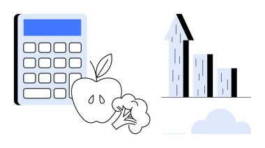 Elma ve brokoliyle birlikte hesap makinesi, yükselen bir çubuk grafikle eşleştirilmiş. Finans, sağlık, beslenme, büyüme, sürdürülebilirlik, veri ve basit bir iniş sayfası için ideal