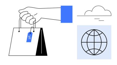 İndirim etiketli el çantası, dünya simgesi ve küresel perakende, e-ticaret, seyahat, sürdürülebilirlik, yenilik, küreselleşme ve minimalist tasarımı sembolize eden bulut.