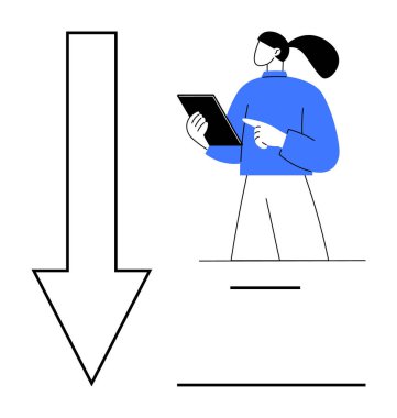 Tableti tutan kişi büyük bir ok ve minimal grafik çizgilerin yanında ekranı işaret ediyor. Planlama, karar verme, yön, odaklanma, strateji, navigasyon ve basit iniş sayfası için ideal
