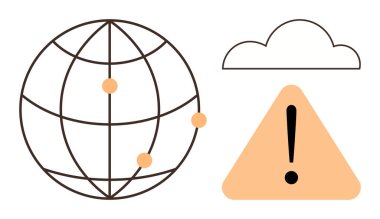 Turuncu bağlantı noktalı dünya, ünlem işaretli tehlikeli üçgen ve küresel ağ sorunlarını tasvir eden bulut. Güvenlik, ağ, teknoloji, bulut hesaplama ve internet için ideal