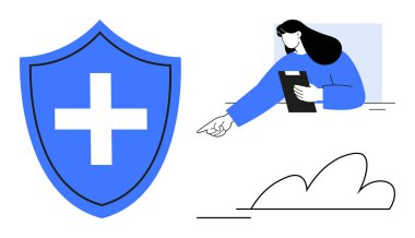 Çapraz sembollü mavi bir kalkan, elinde bir pano tutan ve işaret eden basit bulut grafiği olan bir kadın. Sağlık, koruma, sigorta, dijital hizmetler, takım çalışması, yenilik için ideal