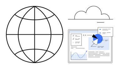 Küre küresel erişimi, bulut anahatlarını, çizelge ve raporlarla analitik paneli sembolize ediyor. Veri, bulut hesaplama, bağlantı, iş stratejisi, ağ, teknoloji sade iniş için ideal