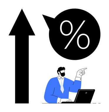 Yükselen bir oku ve yüzde sembolünü gösteren bir dizüstü bilgisayar uzmanı. İş analizi, büyüme, ilerleme, finans, veri, istatistik, karar verme süreci için ideal. Basit düz metafor