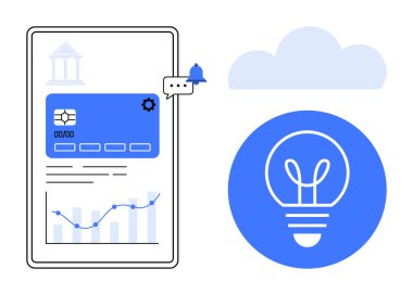 Fikirler için mobil bankacılık uygulaması arayüzü, kredi kartı detayları, bildirim, grafik, ampul simgesi ve bulut arkaplanı. Finans, yenilik, teknoloji, analitik bulut hesaplama fintech için ideal