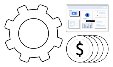 Dişlileri sembolize etme süreci, çizelgeli web paneli, dolar işaretli bozuk paralar. İş, finans, teknoloji, üretkenlik, iş akışı analizi ekonomik büyüme için idealdir. Basit düz metafor