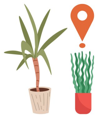 Yeşil bitkiler ve turuncu lokasyon iğnesi, doğa ve navigasyon karışımı. Çevre bilinci, sürdürülebilirlik, kentsel yaşam, yeşil alanlar, ev dekorasyonu, konum hizmetleri, minimalist yaşam tarzı için ideal