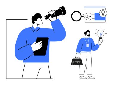 Teleskopta ofis çalışanı, büyüteçle el, elinde ampul tutan adam fikirleri sembolize ediyor. Yenilik, araştırma, iş büyümesi, yaratıcılık, liderlik, proje planlaması için ideal