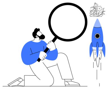 Roketin yanında büyük bir büyüteçle diz çöküp çiçek açan kişi analizi, büyümeyi, yaratıcılığı ve başarıyı temsil ediyor. Yenilik, araştırma, iş büyümesi ve ilerleme için ideal