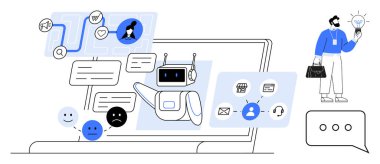 Robot sohbet robotu dizüstü bilgisayardaki diyalog kutuları, iş akışı adımları, duygular ve kullanıcı simgeleri aracılığıyla etkileşime geçiyor. Otomasyon, yapay zeka iletişimi, müşteri hizmetleri, dijital araçlar, iş çözümleri için ideal