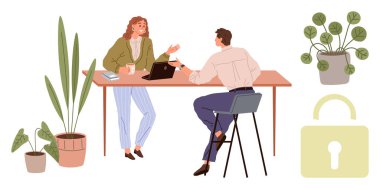 İki meslektaş bir masada dizüstü bilgisayar ve kahveyle konuşuyor, etrafı ev bitkileriyle çevrili. Kilit unsuru güvenliği, mahremiyeti veya korumayı temsil eder. Takım çalışması, işbirliği, işyeri için ideal