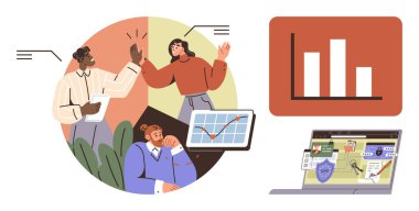 Takım, planlama için çizelgeler, grafikler ve dizüstü bilgisayar arayüzü ile stratejileri tartışıyor. Takım çalışması, strateji, veri analizi, büyüme, işbirliği teknolojisi eğitimi için ideal. Basit düz metafor