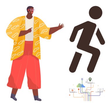 Dinamik insan figürüne ve dijital ağ bağlantılarına doğru hareketli giyinmiş biri. Yenilik, rehberlik, takım çalışması, eğitim, yaratıcılık, teknoloji ve liderlik için ideal. Basit düz