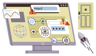 Güvenlik uyarıları, uyarı sembolleri, kötü amaçlı yazılım simgeleri, giriş alanı, dünya, grafikler ve kilitli kapılı bilgisayar ekranı. Siber güvenlik ve teknoloji güvenliği için ideal İnternet tehditleri çevrimiçi veri koruması